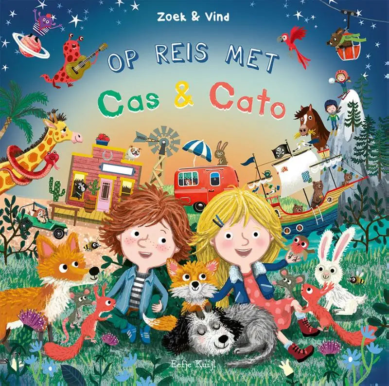 Vibrante kinderzoekboek cover met twee lachende kinderen, slapende hond en kleurrijke dieren in buiten scenes