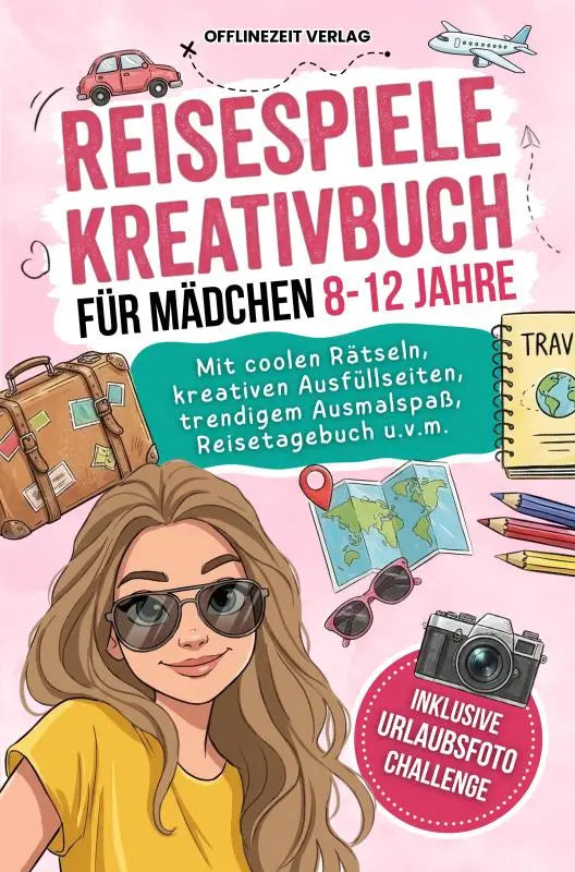 Roze reisespiele kreativbuch voor meisjes 8-12 jaar met coole raetsels, suitcase en camera, inklusive urlaubsfoto challenge