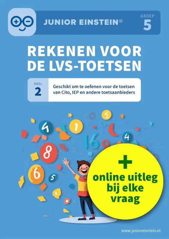 Blauw junior einstein rekenwerkboek groep 5 met kleurrijke cijfers en rekenoefeningen voor cito iep en andere toetsaanbieders