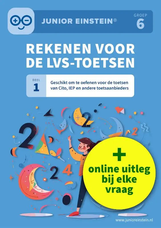 Junior einstein grade 6 rekenboek met blauwe omslag en kleurrijke illustraties geschikt voor oefenen voor andere toetsaanbieders