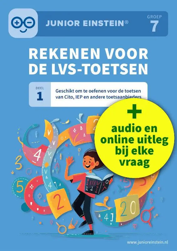 Junior einstein groep 7 rekenwerkboek met blauwe omslag en kleurrijke illustraties geschikt voor andere toetsaanbieders