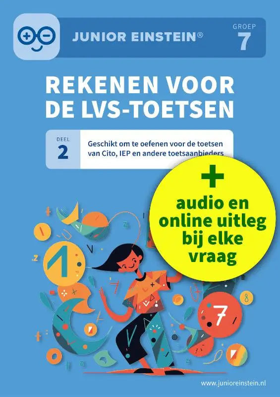Blauw bedekt junior einstein rekenwerkboek voor groep 7 met cartoonmeisje, geschikt voor toetsen van andere toetsaanbieders