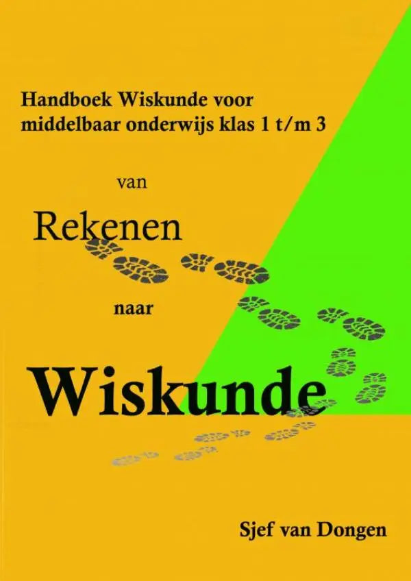 Bright geel en groen handboek wiskunde voor middelbaar onderwijs klas 1 t/m 3 met zwarte tekst en voetafdrukken