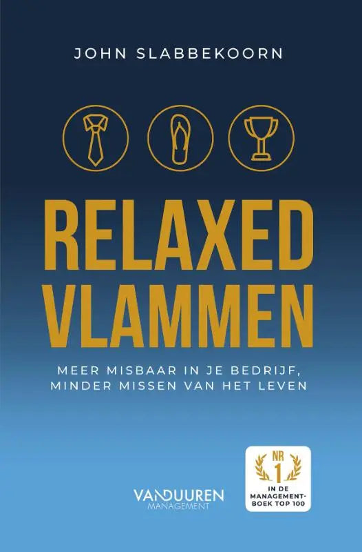 Blauwe boekomslag met gouden letters en iconen van relaxed vlammen door john slabbekoorn voor zakelijk gebruik