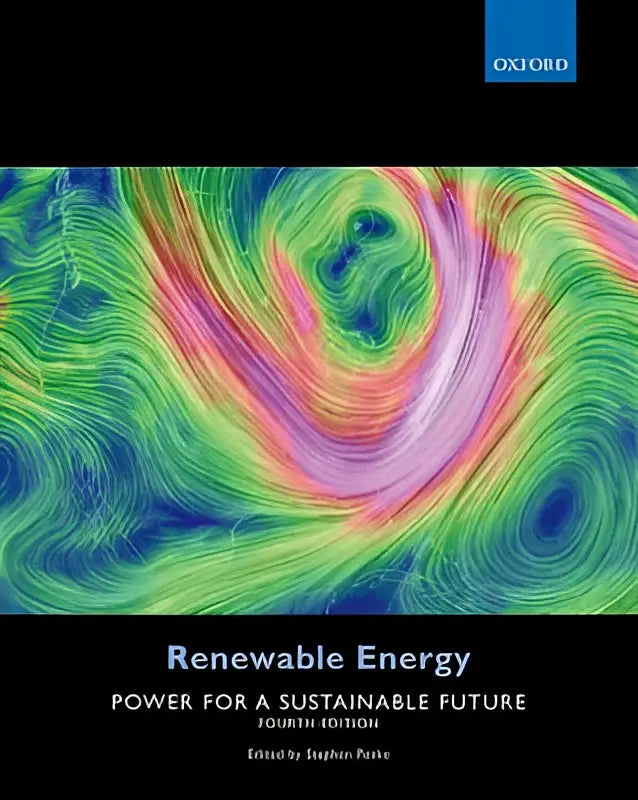 The book cover of renewable energy power for a sustainable future fourth edition features a vibrant green pink and blue abstract design