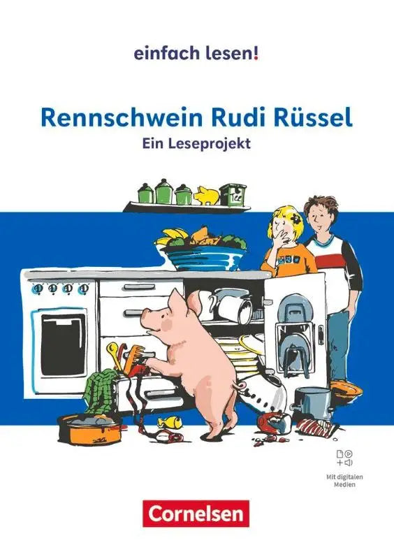 De omslag van het kinderboek rennschwein rudi rüssel met een cartoon roze varken in een blauwe keuken