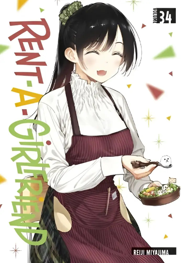 Een vrolijk anime meisje in een witte blouse en bordeaux schort houdt een kom eten met een spookvormige lepel vast rent-a-girlfriend 34
