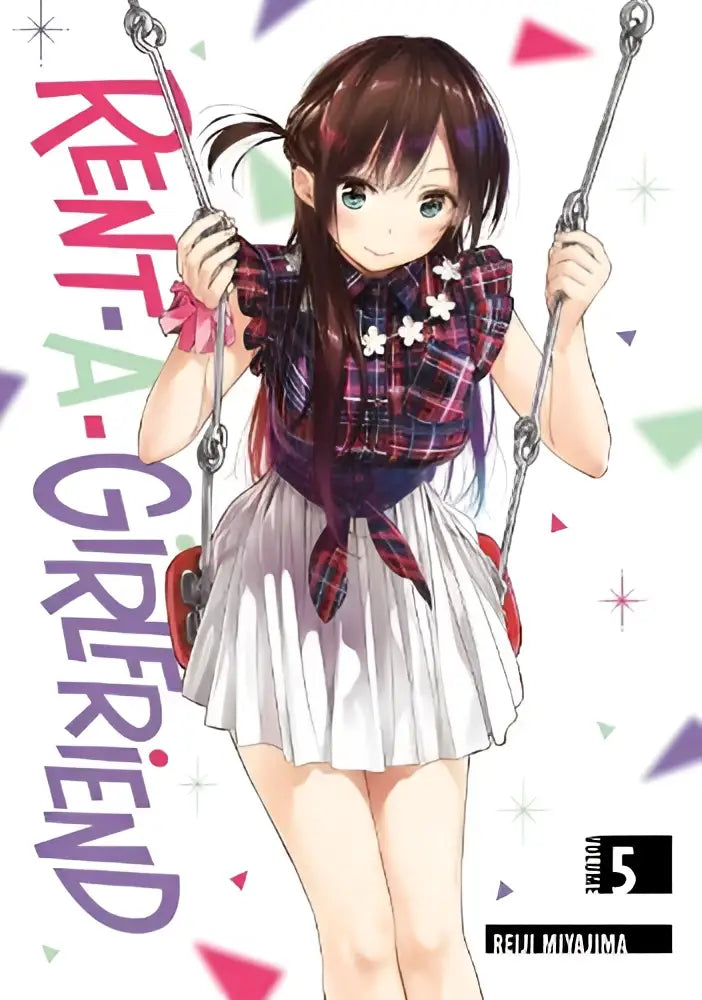 De cover van rent-a-girlfriend volume 5 toont een anime meisje met bruin haar en groen ogen in een rood geruit overhemd