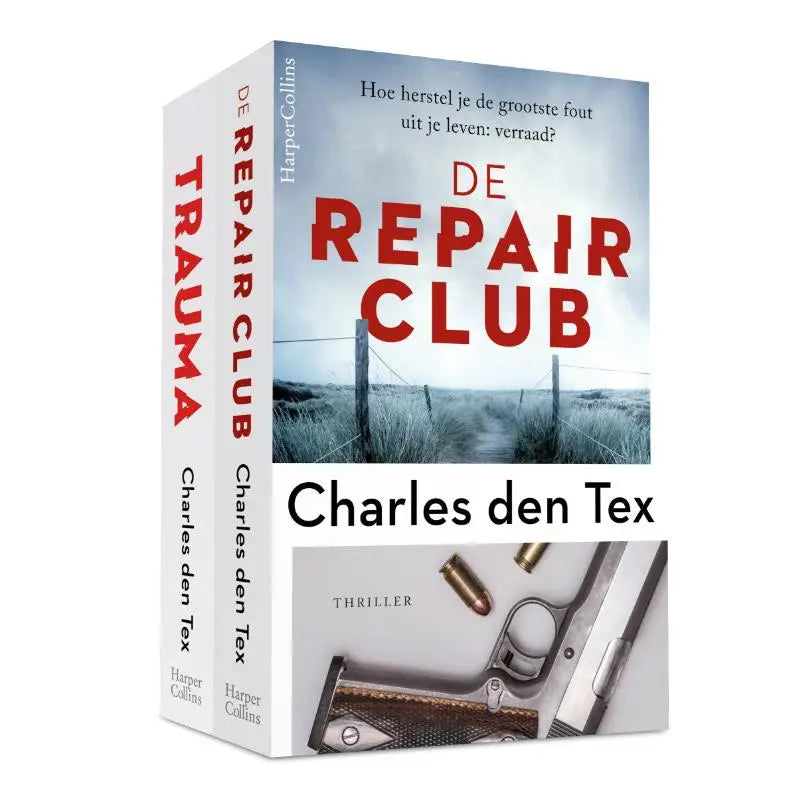 De thriller boek the repair club door charles den tex in het repair club-pakket van harpercollins voor trauma functies