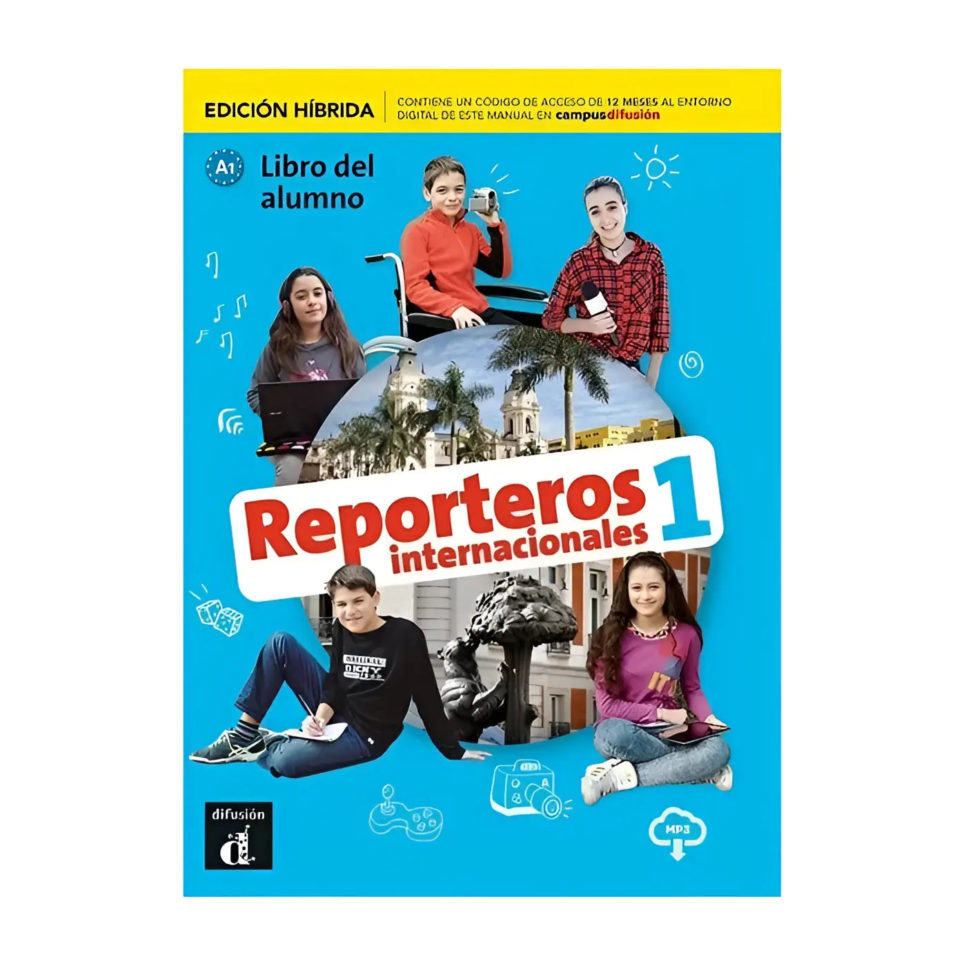 Helderblauwe omslag van het studentenboek reporteros internacionales 1 met levendige illustraties en jonge leerlingen