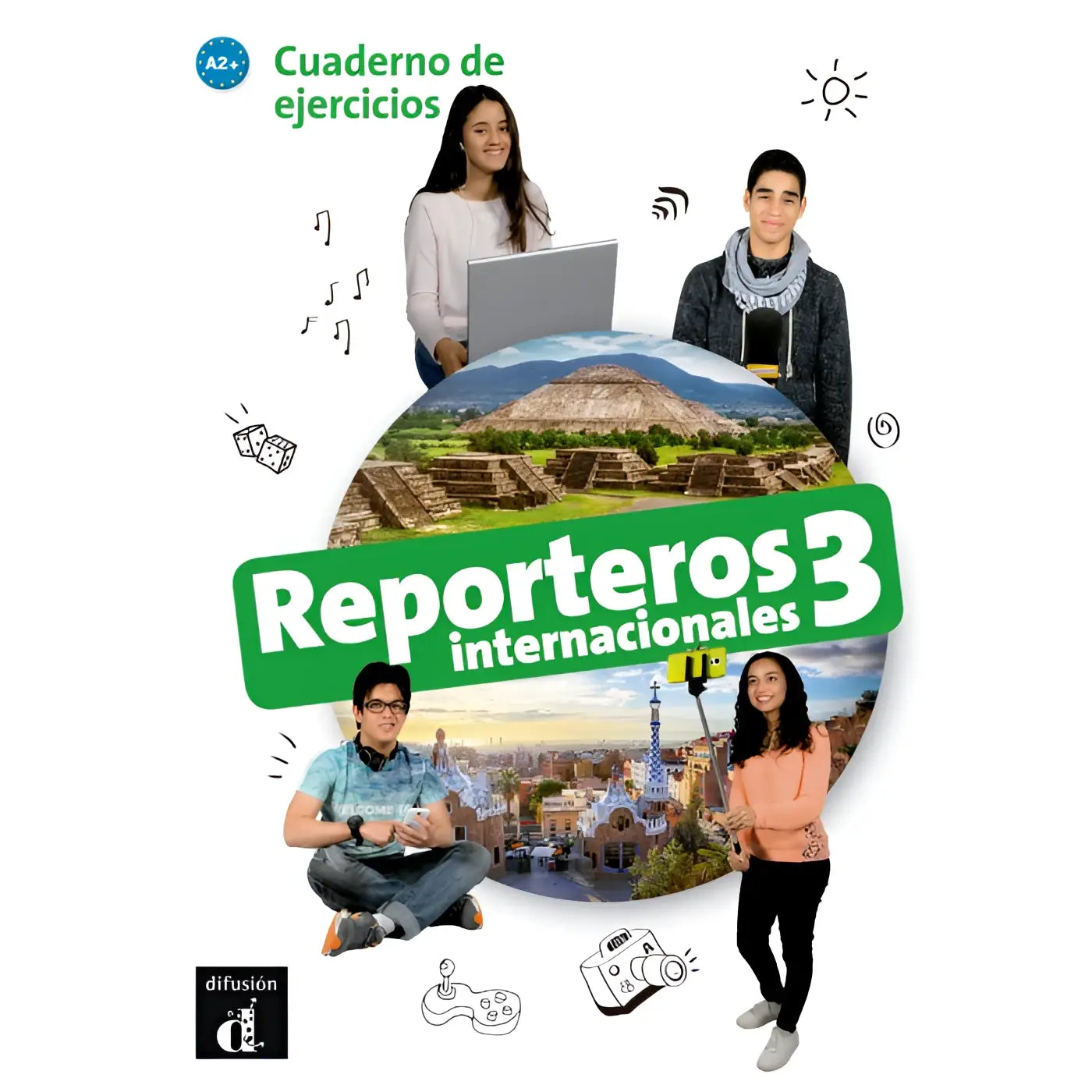Groen-wit rapporteurs internacionales 3 cuaderno de ejercicios met jonge mensen en wereldbol met bezienswaardigheden
