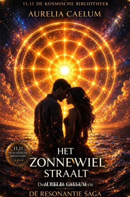 De resonantie saga deel 1 boekcover met een gloeiend gouden zonnewiel straalt portal en omhelzende silhouetten voor de kosmische bibliotheek