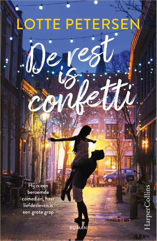 De rest is confetti boek met romantische silhouetten bij schemer en titel van lotte petersen over beroemde comedian en grote grap