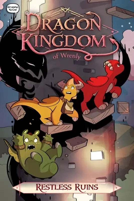 Vibrante comicboekcover van restless ruins met gestileerde rode en gele draken in het dragon kingdom voor jonge lezers