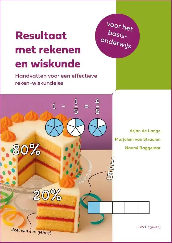 Resultaat met rekenen en wiskunde product met kleurrijke meerlaagse cake met witte frosting en oranje decoraties voor diverse niveaus