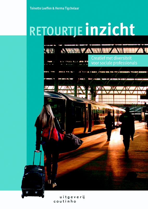 Retourtje inzicht boekcover in teal en wit met zwarte rolkoffer