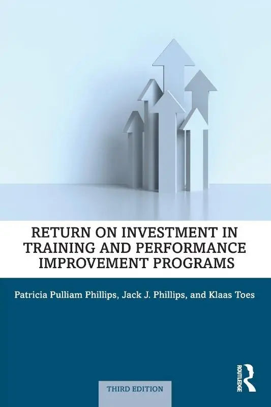 De boekcover toont een minimalistisch design met drie witte pijlen omhoog voor return on investment in training en performance improvement