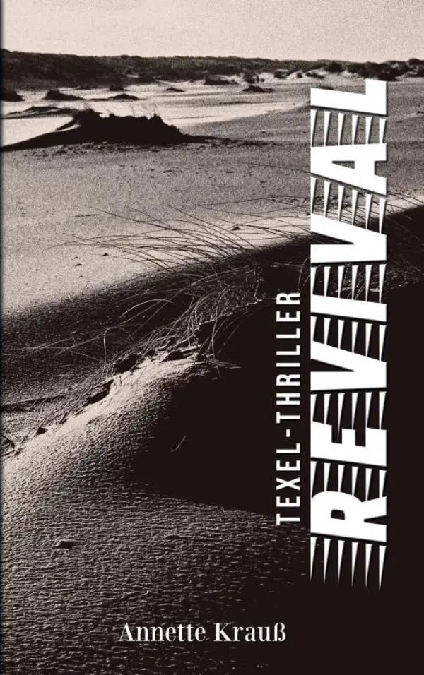 Zwart-wit boekomslag revival met gedurfde witte letters en horizontale lijnen voor texel-thriller revival