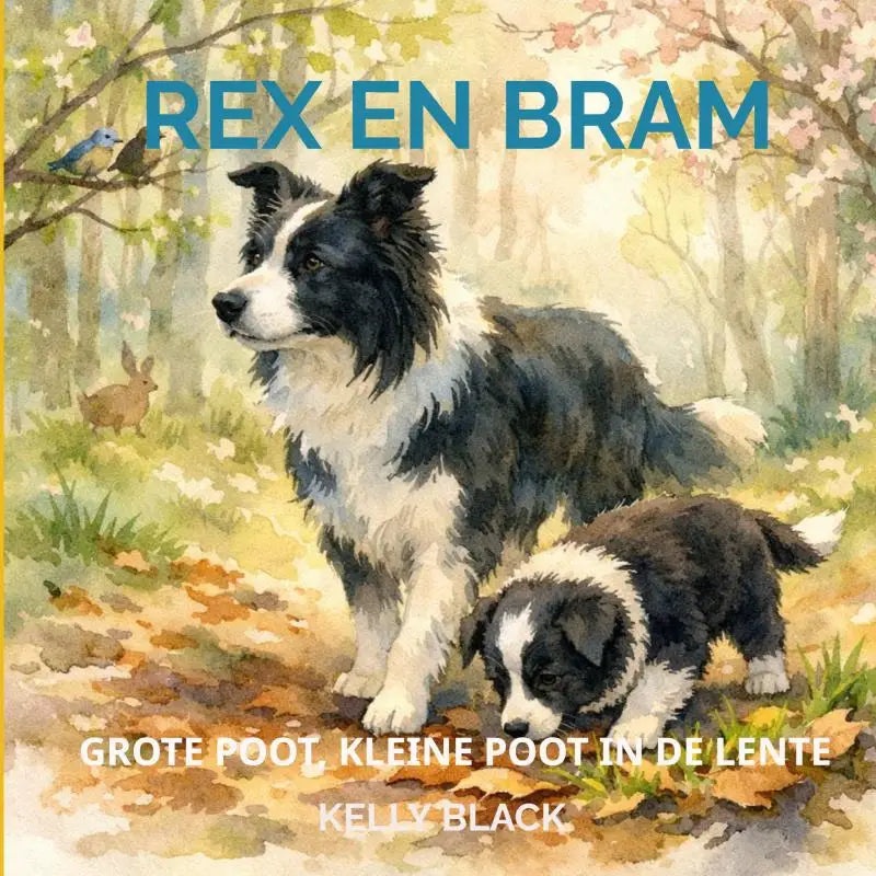Waterverfschildering van een grote poot border collie en een kleine poot puppy in lentebos voor jonge lezers