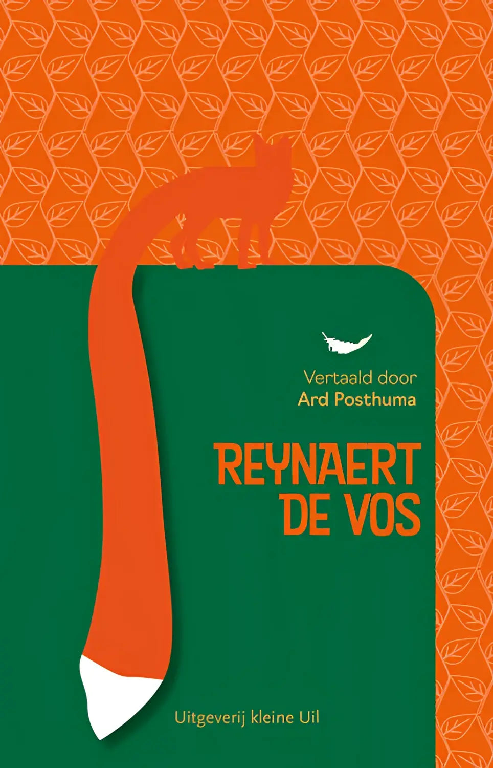 Silhouet van oranje vos met witpuntige staart op groene en oranje patroonboekcover van historische roman reynaert de vos