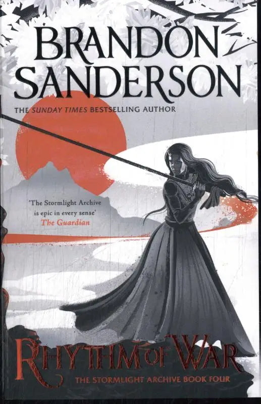 Black and white illustrated book cover of rhythm of war stormlight archive book four featuring a woman with a sword and an orange sun