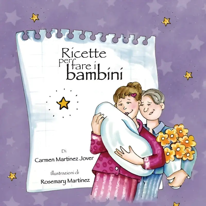 De boekcover van ricette per fare i bambini toont een speelse illustratie van twee vrouwen met een baby tegen een paarse sterrenhemel