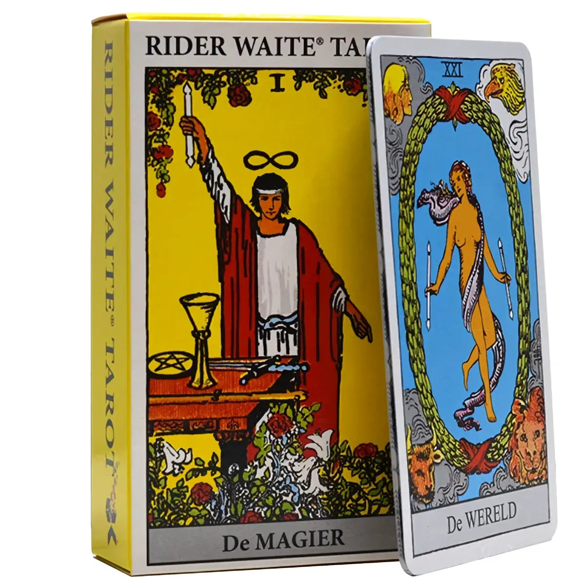 De rider waite® tarot standaardeditie toont levendige kaarten met gedetailleerde illustraties inclusief de de magier kaart in een geel doosje