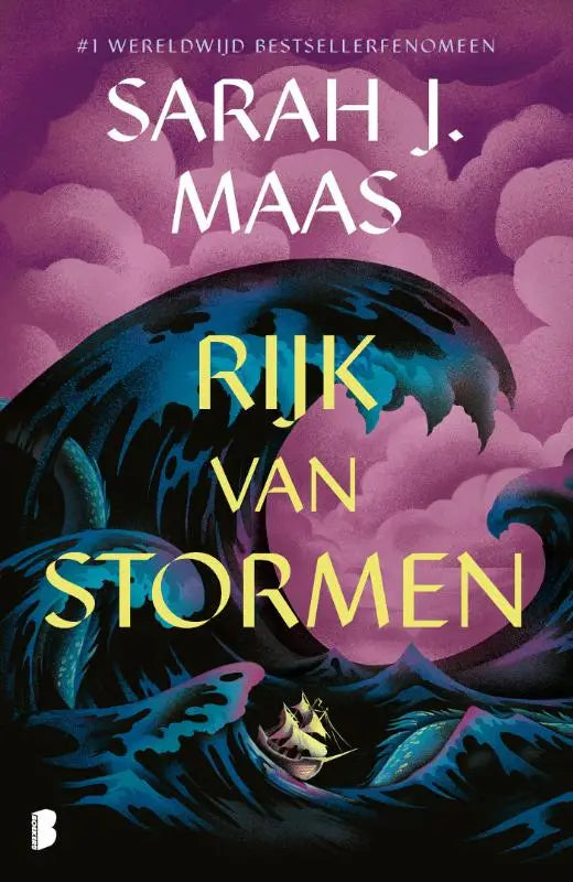De boekomslag van Rijk van stormen toont een schip dat strijdt tegen enorme stormgolven onder een paarse hemel