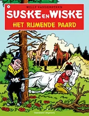 De cover van het suske en wiske stripboek het rijmende paard door willy vandersteen met traditionele figuren en bosachtergrond