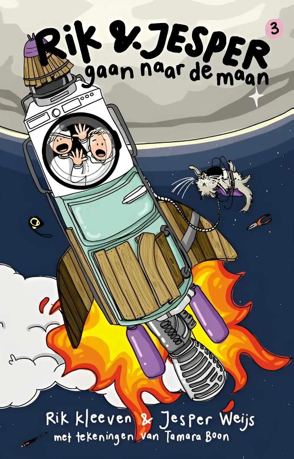 Cartoonillustratie van een witte en teal wasmachineraket met paarse motoren die twee kinderen naar de maan brengt in rik en jesper gaan naar de maan