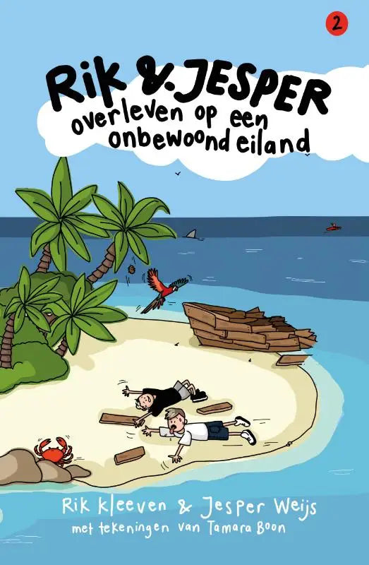 De cover van het kinderboek Rik en Jesper overleven op een onbewoond eiland toont twee jongens op een strand met palmbomen en een wrak
