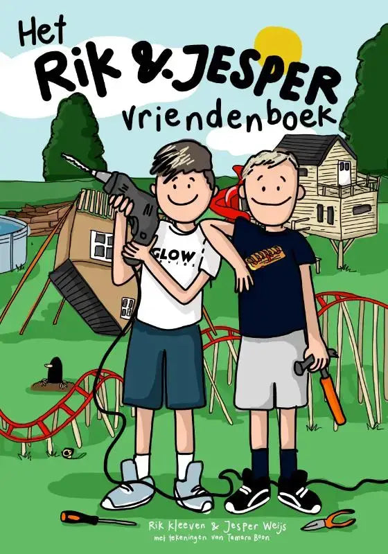 De cover van het rik en jesper vriendenboek toont twee cartoonjongens buiten met een zwarte boormachine en een oranje gereedschap