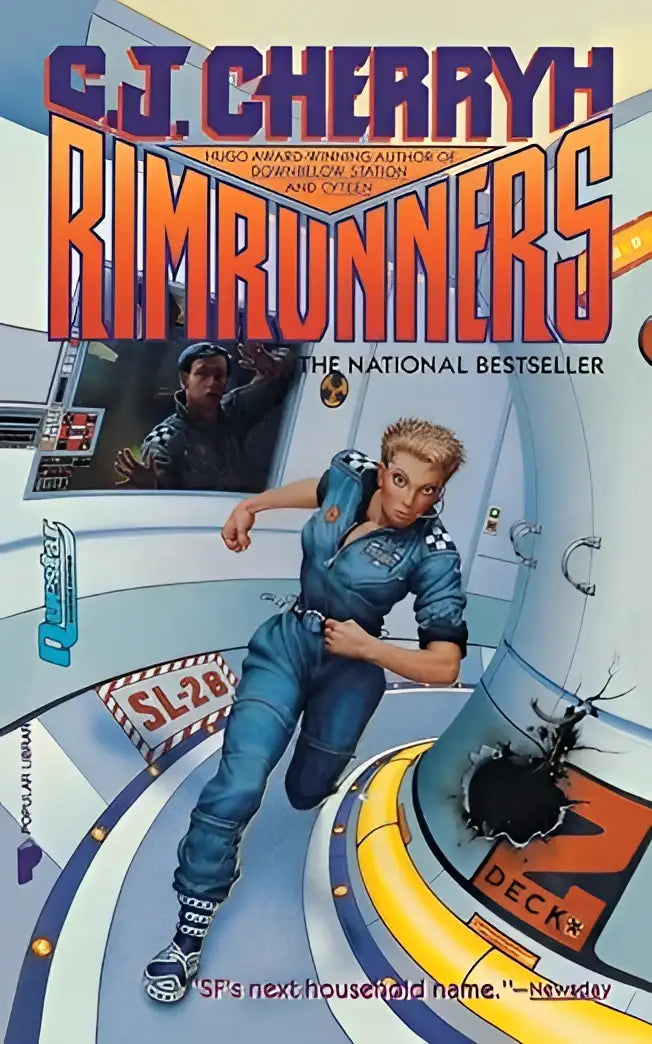 Blauw jumpsuit gedragen door personage op de omslag van rimrunners boek 3 uit de company wars serie