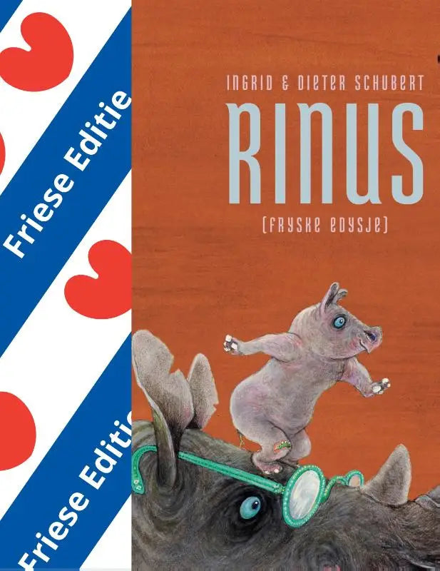 Whimsical kindersboek cover met een cartoon neushoorn met groene bril en de titel rinus in fryske edysje voor jonge lezers