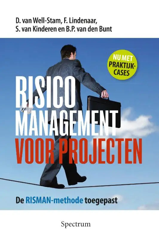 De boekcover van risico management voor projecten toont wit en rood vetgedrukte tekst op een blauwe hemel achtergrond voor risicomanagement binnen projecten