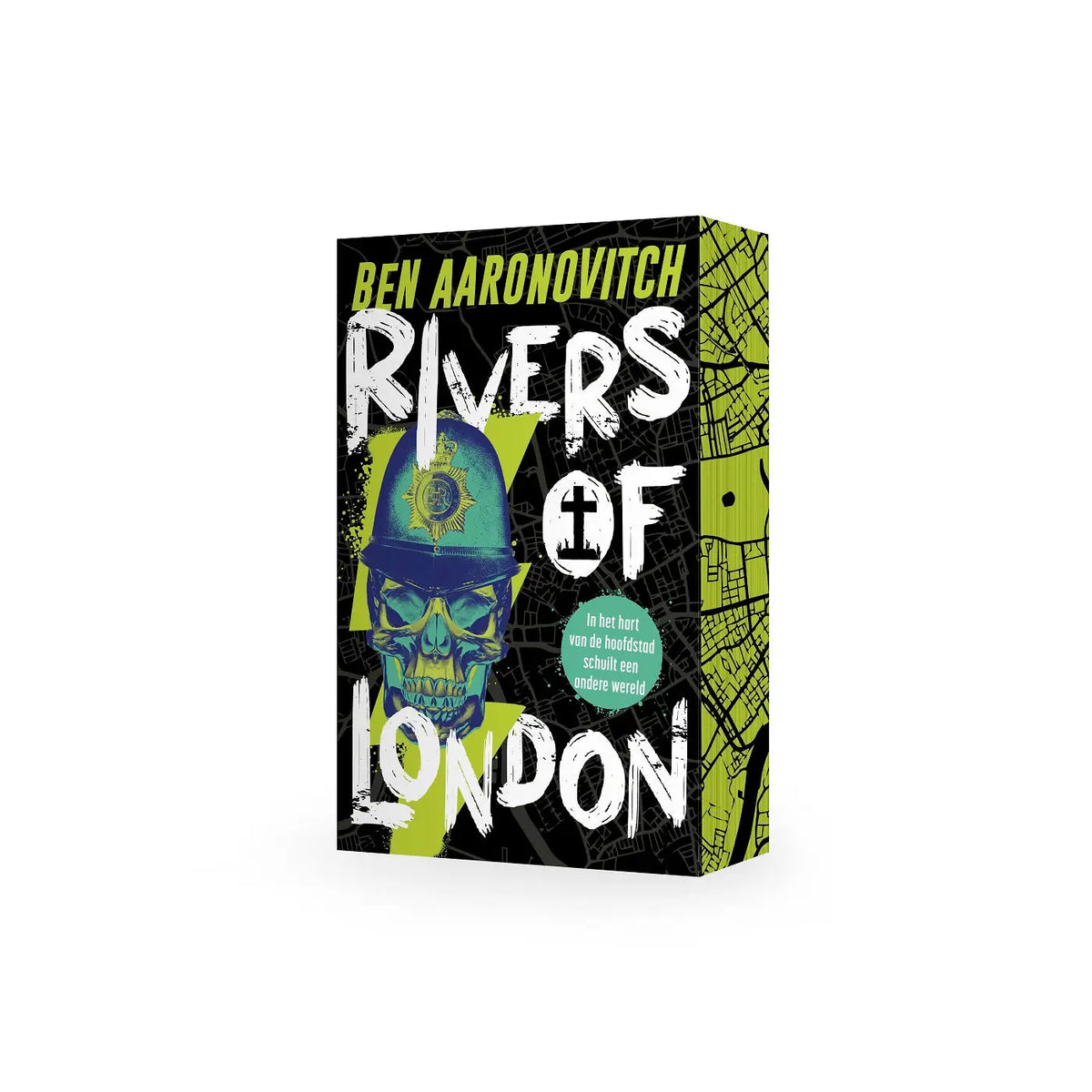 De boekomslag van rivers of london door ben aaronovitch toont een gestileerde schedel met blauwe politiehelm tegen een zwart-limoen groene kaart achtergrond uitgegeven door luitingh sijthoff