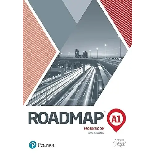 Sleek Roadmap A1 workbook met geometrisch grijs-rood driehoeksdesign over stadstransportfoto