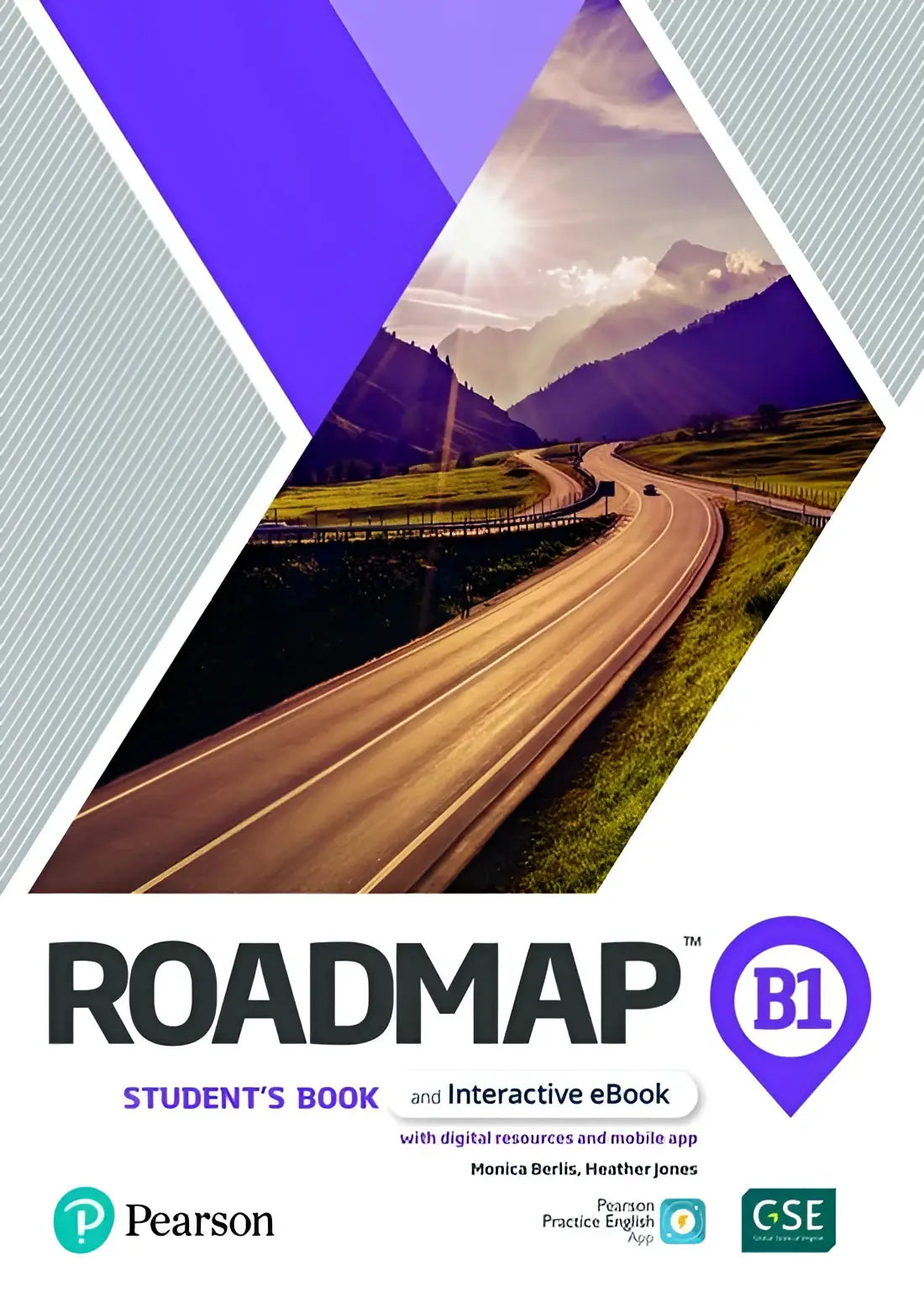 Omslag Roadmap B1 Student’s Book Pearson, kronkelende bergweg onder paars-gouden hemel
