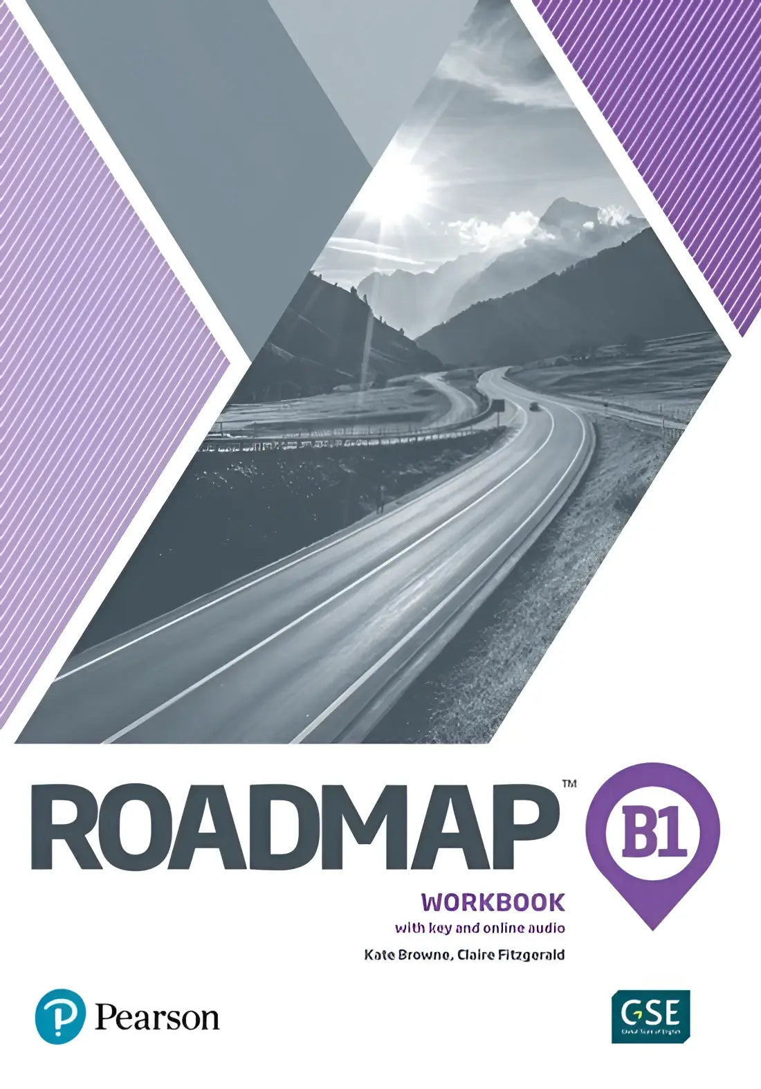 Omslag Roadmap B1 Workbook Pearson met grijze bergweg en paarse panelen