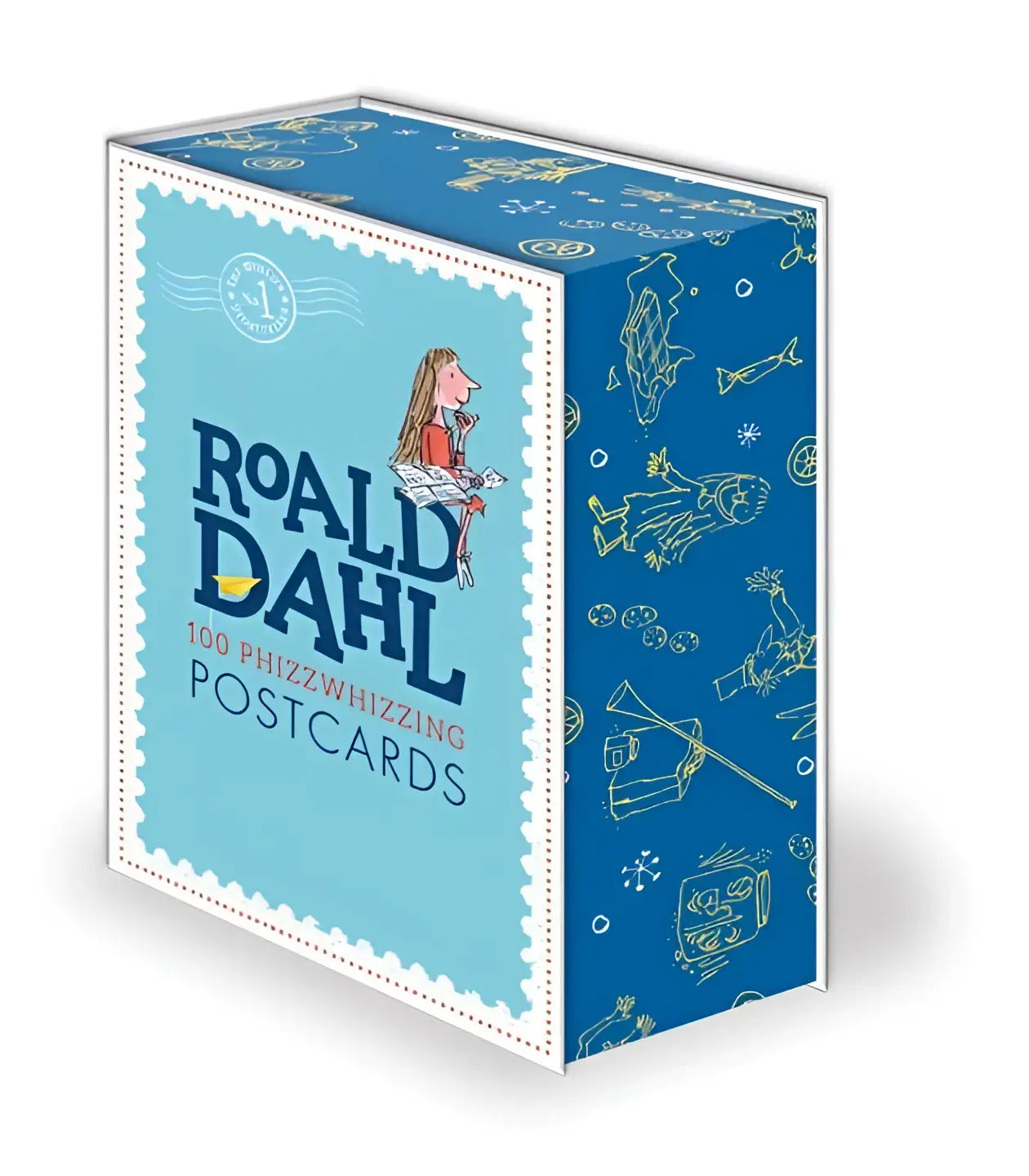 Blauwe kartonnen doos roald dahl 100 phizz-whizzing postcards met lichtblauw voorpaneel en gele lijntekeningen