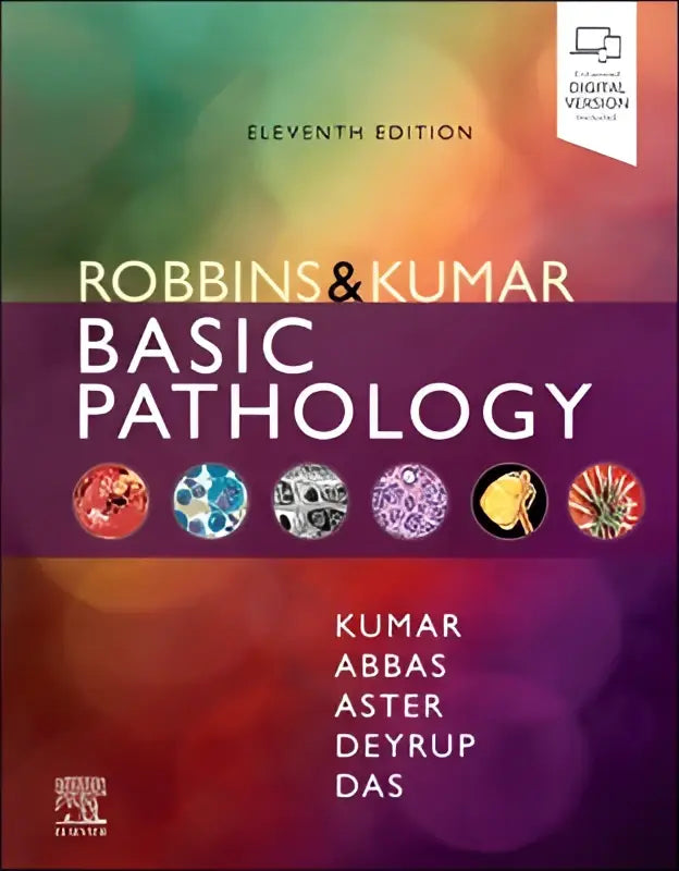 Eleventh edition robbins and kumar basic pathology textbook with vibrant gradient cover and six micrograph images for medical study