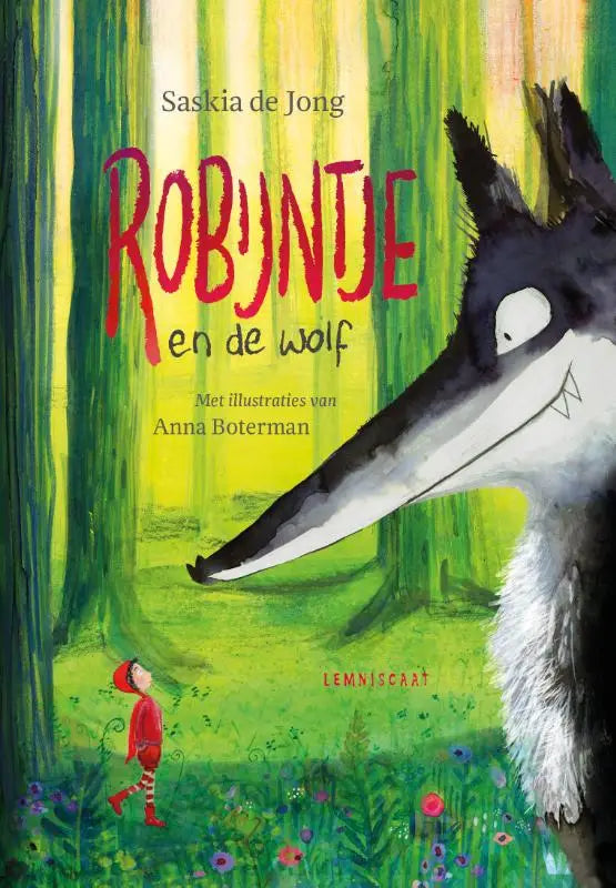 Whimsical children’s book cover robijntje en de wolf with black-and-white wolf and child in red forest background