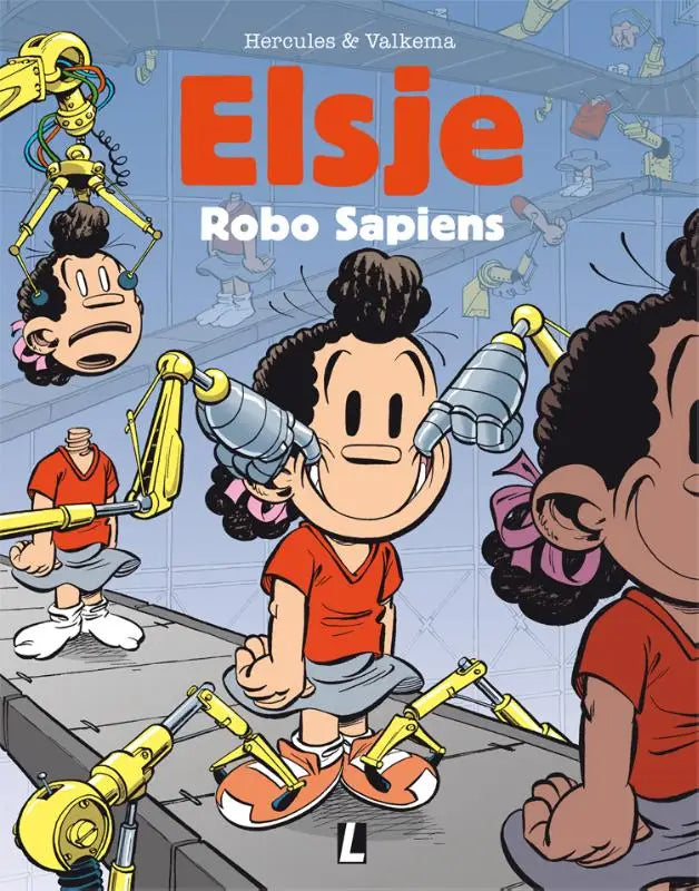De cover van het comicboek robo sapiens door eric hercules toont een meisje met oranje shirt en robotarmen