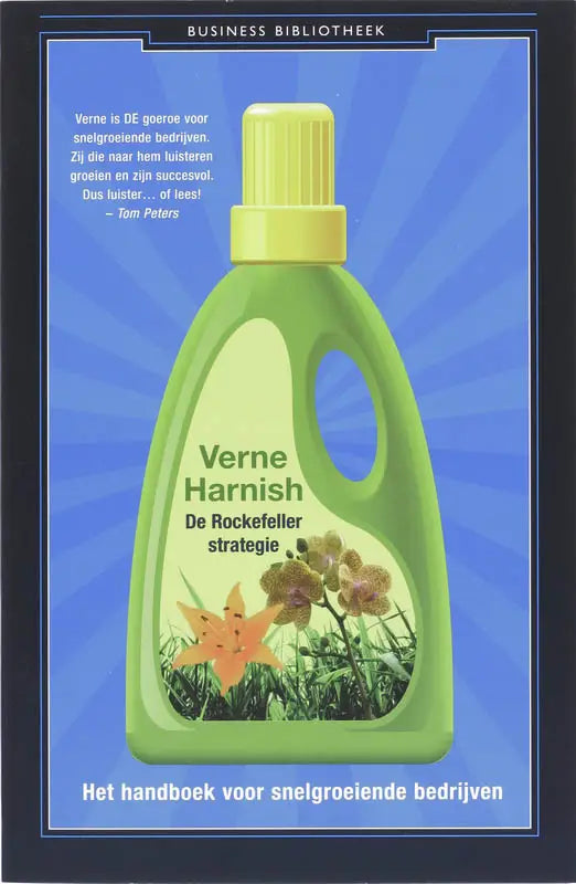 Groene plastic fles met gele dop en handvat met bloemen op het etiket van de Rockefeller-strategie gericht op management algemeen en verne harnish