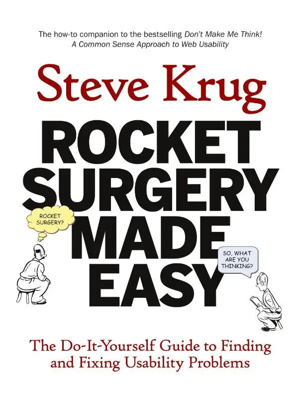De boekcover van rocket surgery made easy door steve krug toont zwart en rood vetgedrukt tekst en cartoons voor gebruikerstesten en fixen