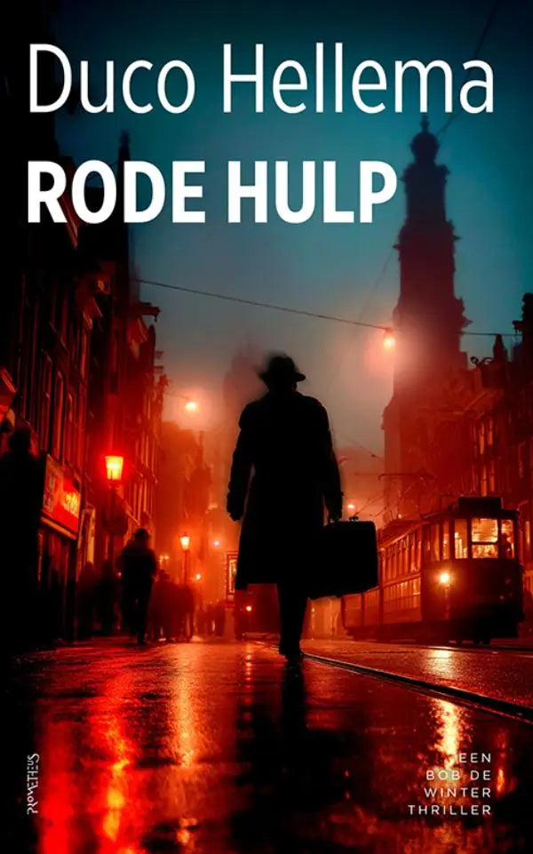 The book cover of rode hulp by duco hellemans shows a dark rainy night on a street with bold white title lettering