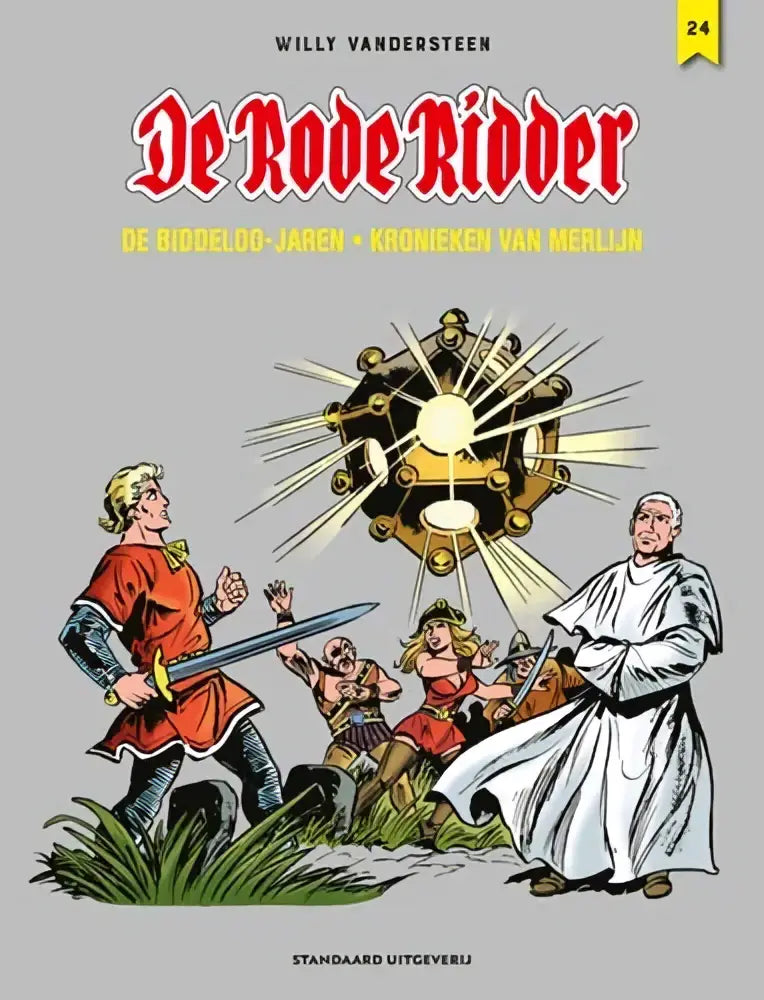De cover van de rode ridder integraal 24 toont een gouden artefact met stralende lichtbundels en fijne details
