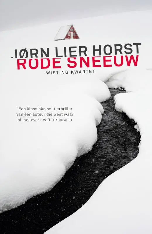 Boekcover van rode sneeuw door jørn lier horst met minimalistisch ontwerp en zwarte en rode tekst op een besneeuwd landschap, wisting kwartet