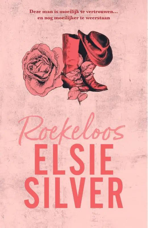 Illustratie van roze roos en rode cowboylaarzen met hoed op roze achtergrond voor spicy cowboy romance roekeloos van elsie silver en theo silva