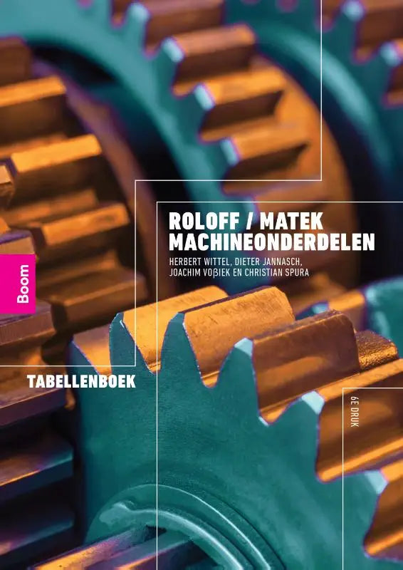 Close-up van interlockende metalen tandwielen in teal en goud op de cover van matek machineonderdelen tabellenboek herbert wittel koninklijke boom uitgevers